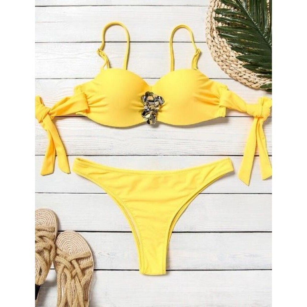 Women's Two Piece Lake Blue Rhinestone Tie Bikini Set - Large